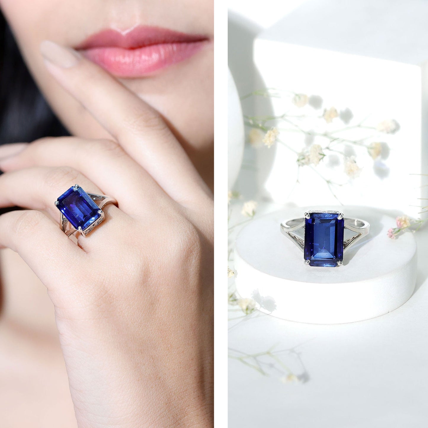 9 Carat Lab Grown Blue Sapphire Emerald Cut Engagement Ring