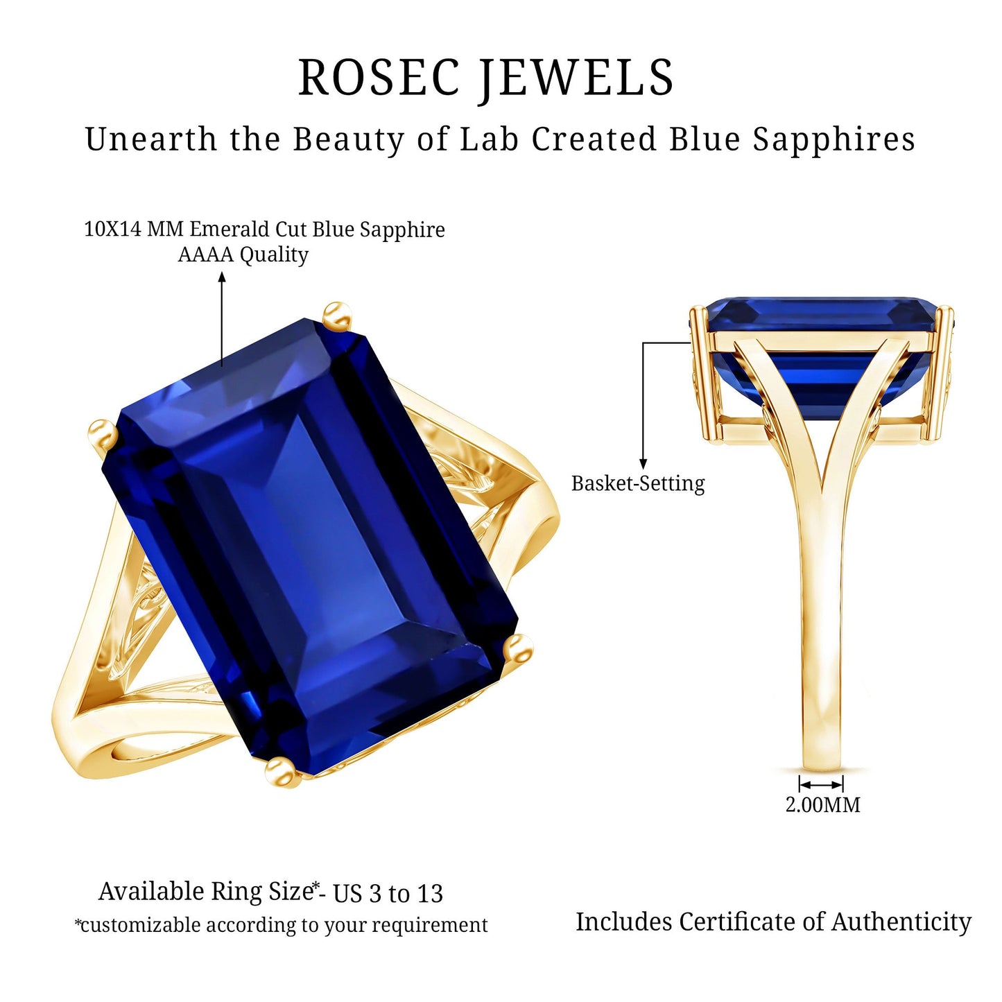 9 Carat Lab Grown Blue Sapphire Emerald Cut Engagement Ring