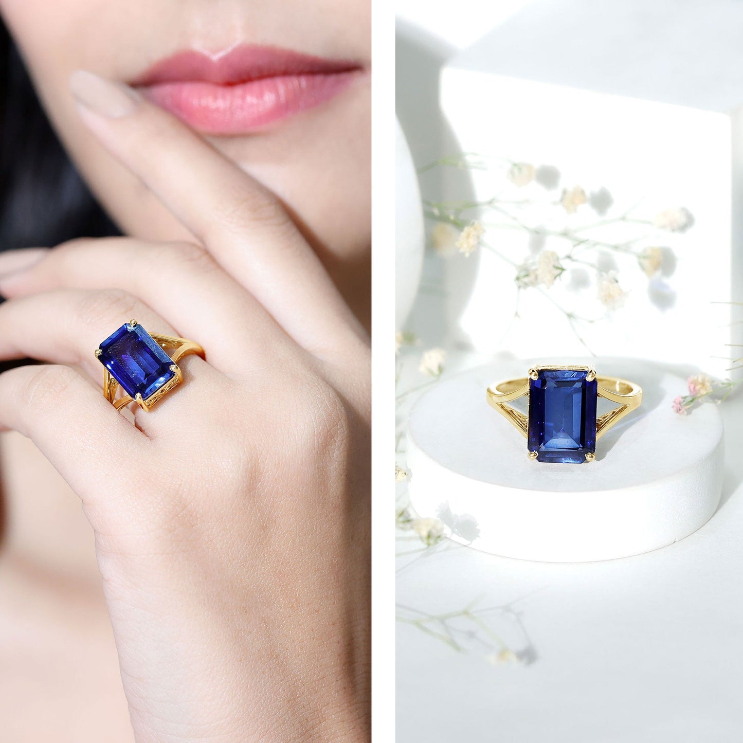 9 Carat Lab Grown Blue Sapphire Emerald Cut Engagement Ring