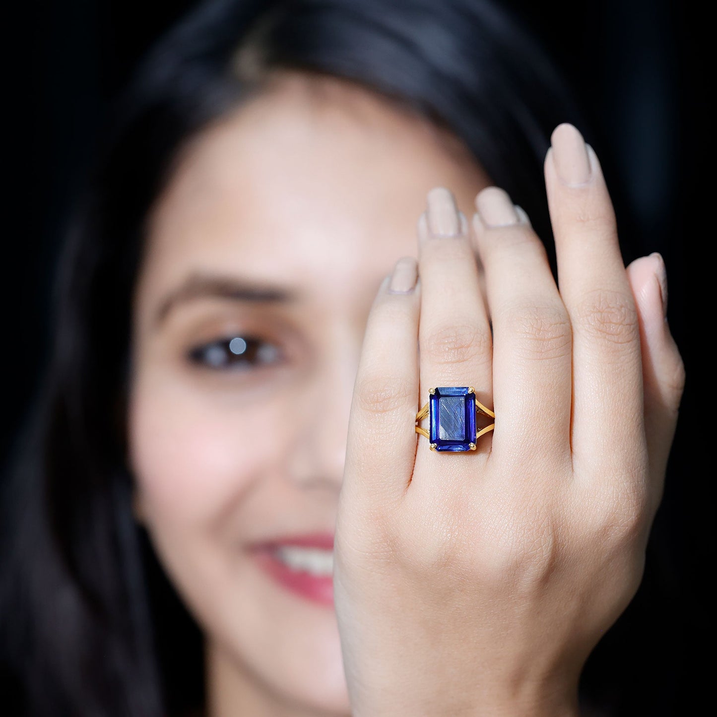 9 Carat Lab Grown Blue Sapphire Emerald Cut Engagement Ring