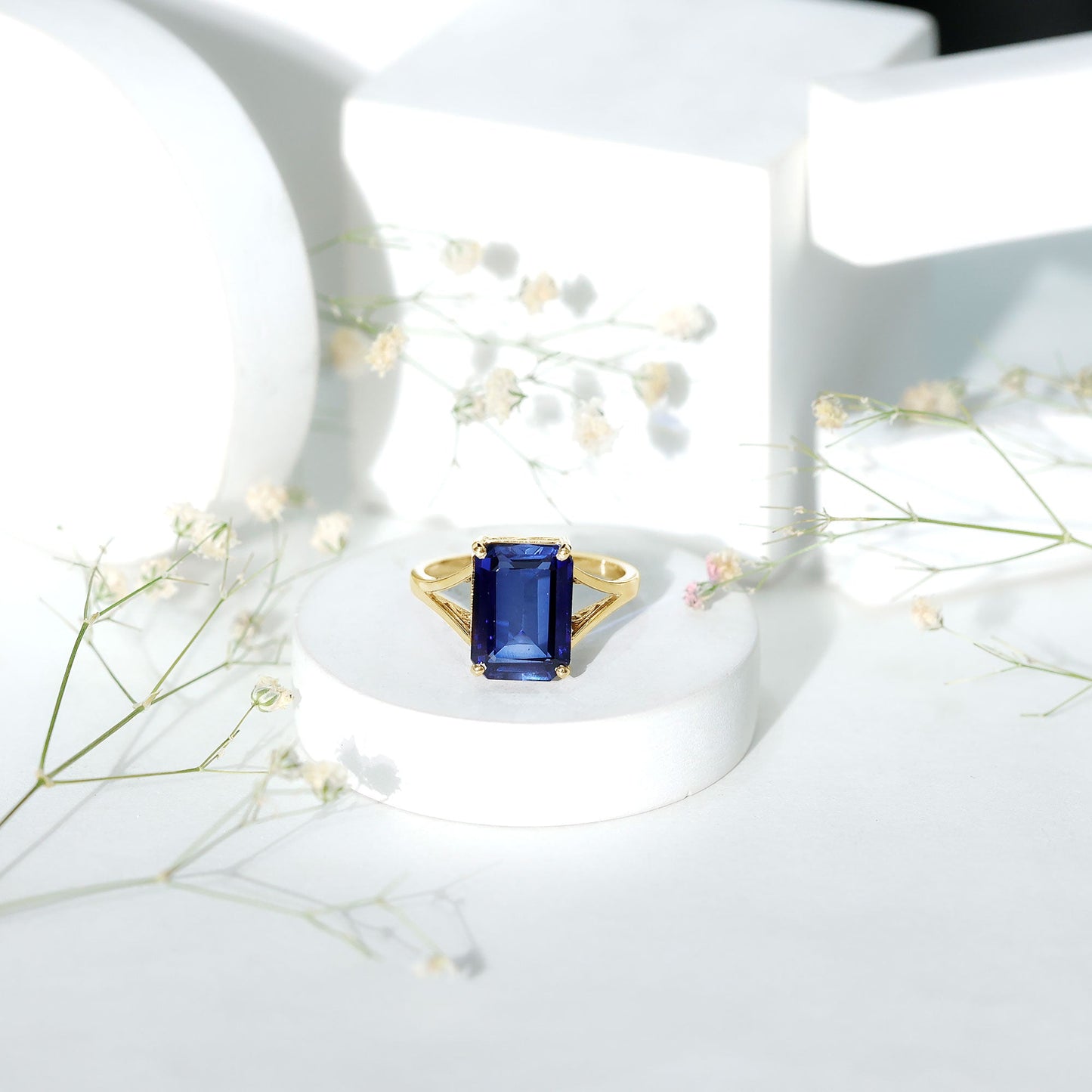 9 Carat Lab Grown Blue Sapphire Emerald Cut Engagement Ring