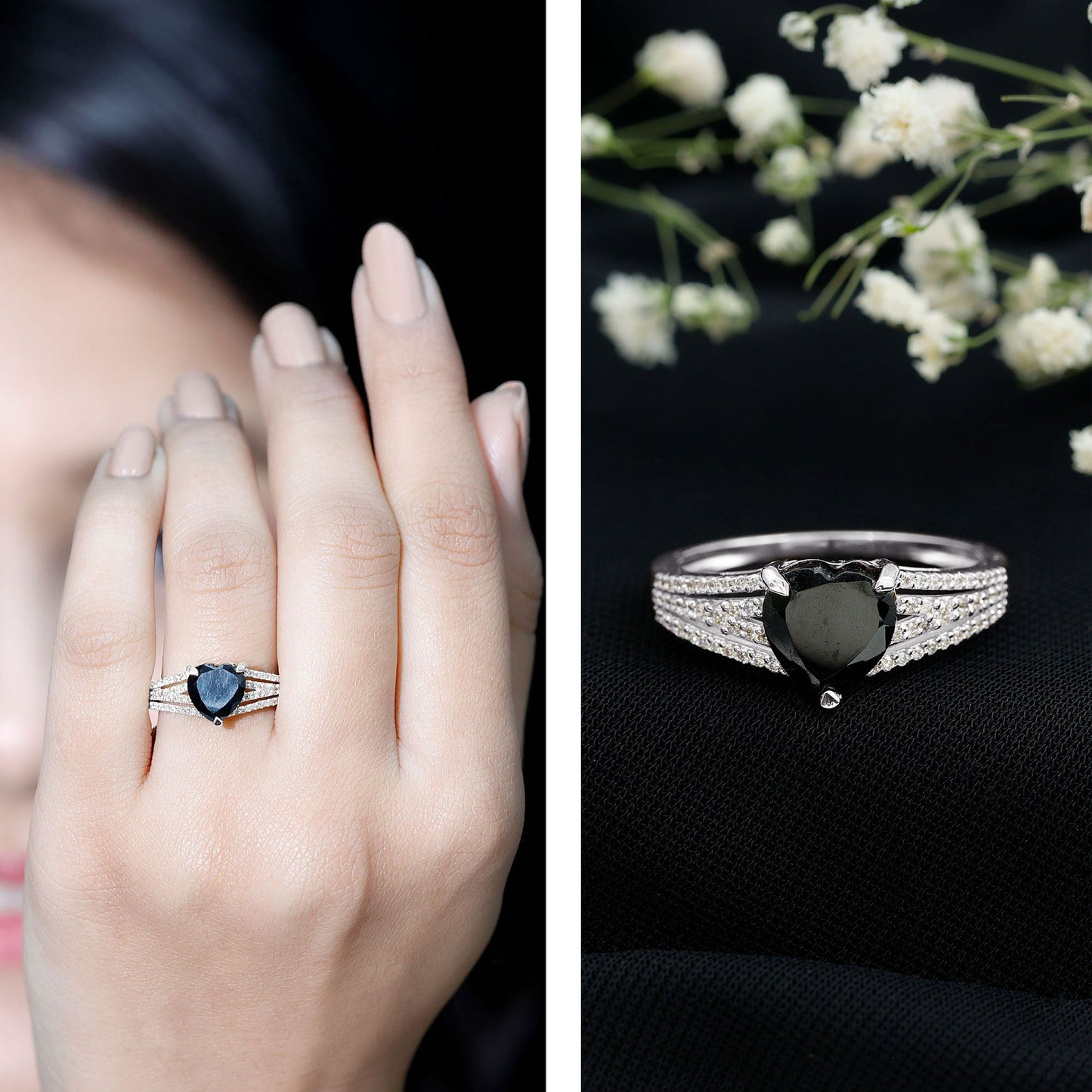 Certified 2.4 Carat Lab Grown Black Diamond Heart Engagement Ring with White Diamond Split Shank