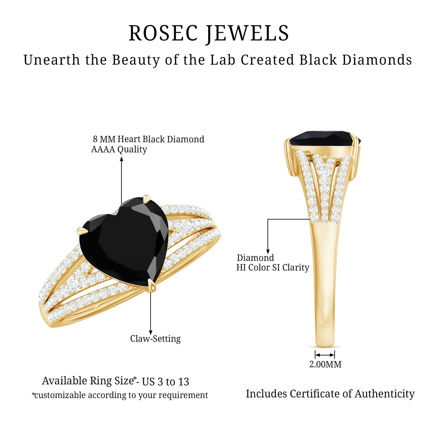 Certified 2.4 Carat Lab Grown Black Diamond Heart Engagement Ring with White Diamond Split Shank