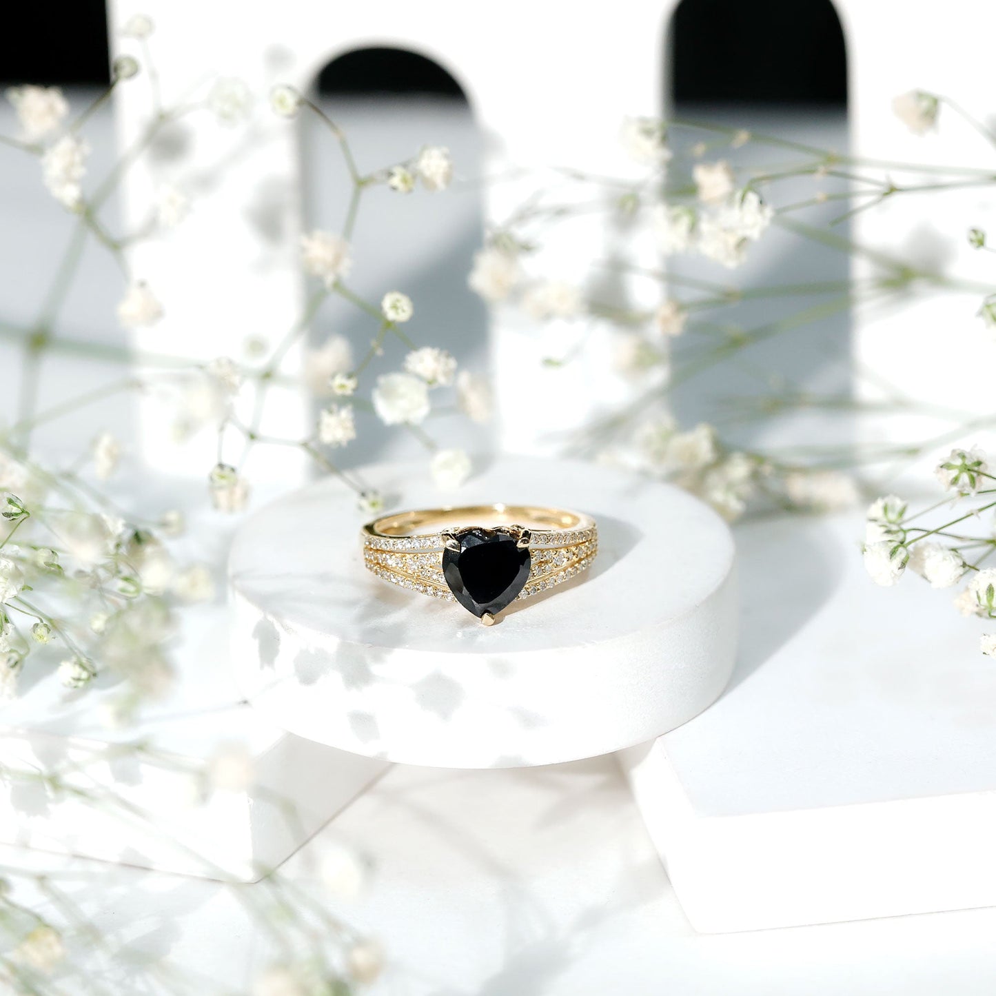 Certified 2.4 Carat Lab Grown Black Diamond Heart Engagement Ring with White Diamond Split Shank