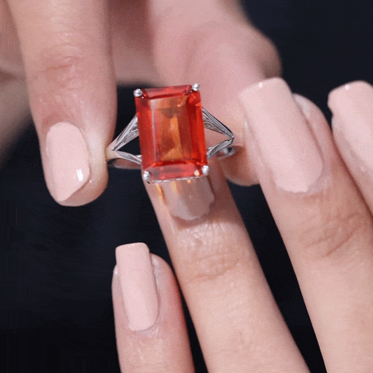 9 Carat Lab Grown Orange Sapphire Emerald Cut Engagement Ring with Split Shank