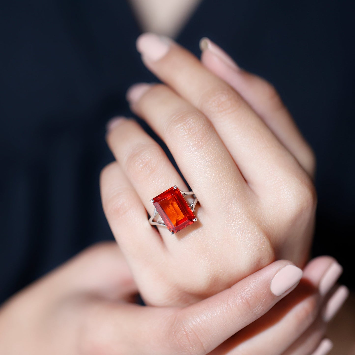 9 Carat Lab Grown Orange Sapphire Emerald Cut Engagement Ring with Split Shank