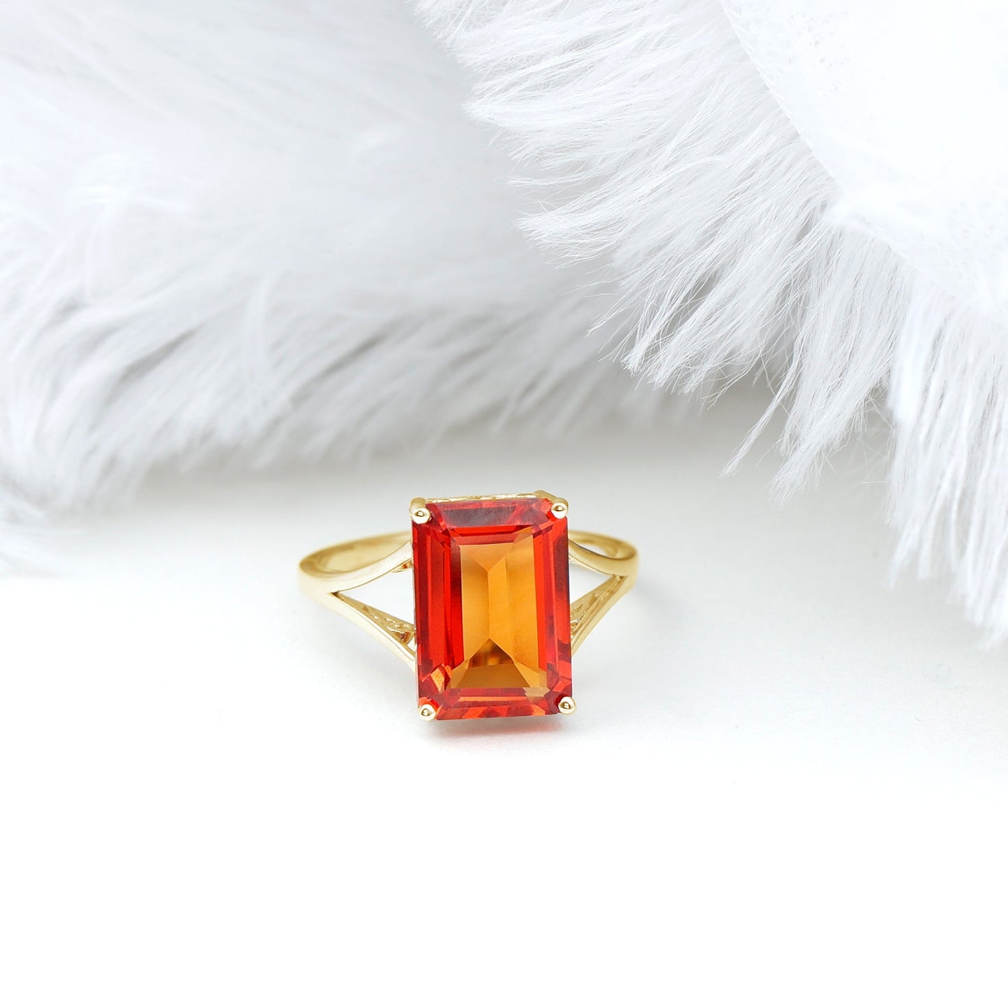 9 Carat Lab Grown Orange Sapphire Emerald Cut Engagement Ring with Split Shank