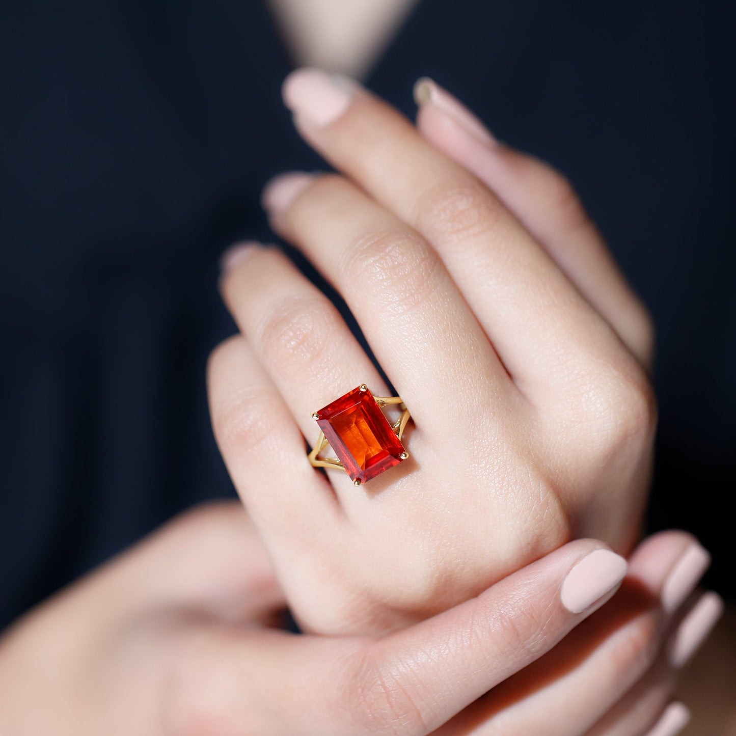 9 Carat Lab Grown Orange Sapphire Emerald Cut Engagement Ring with Split Shank