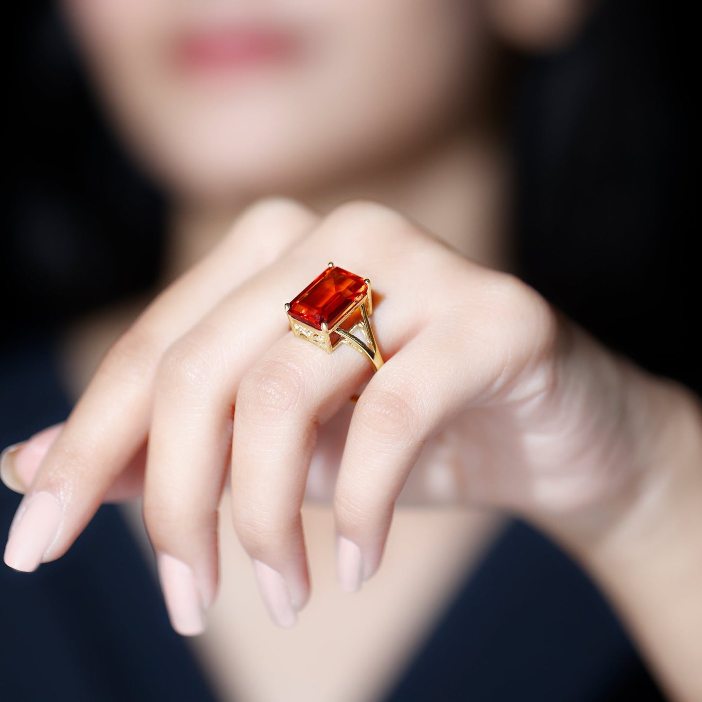 9 Carat Lab Grown Orange Sapphire Emerald Cut Engagement Ring with Split Shank