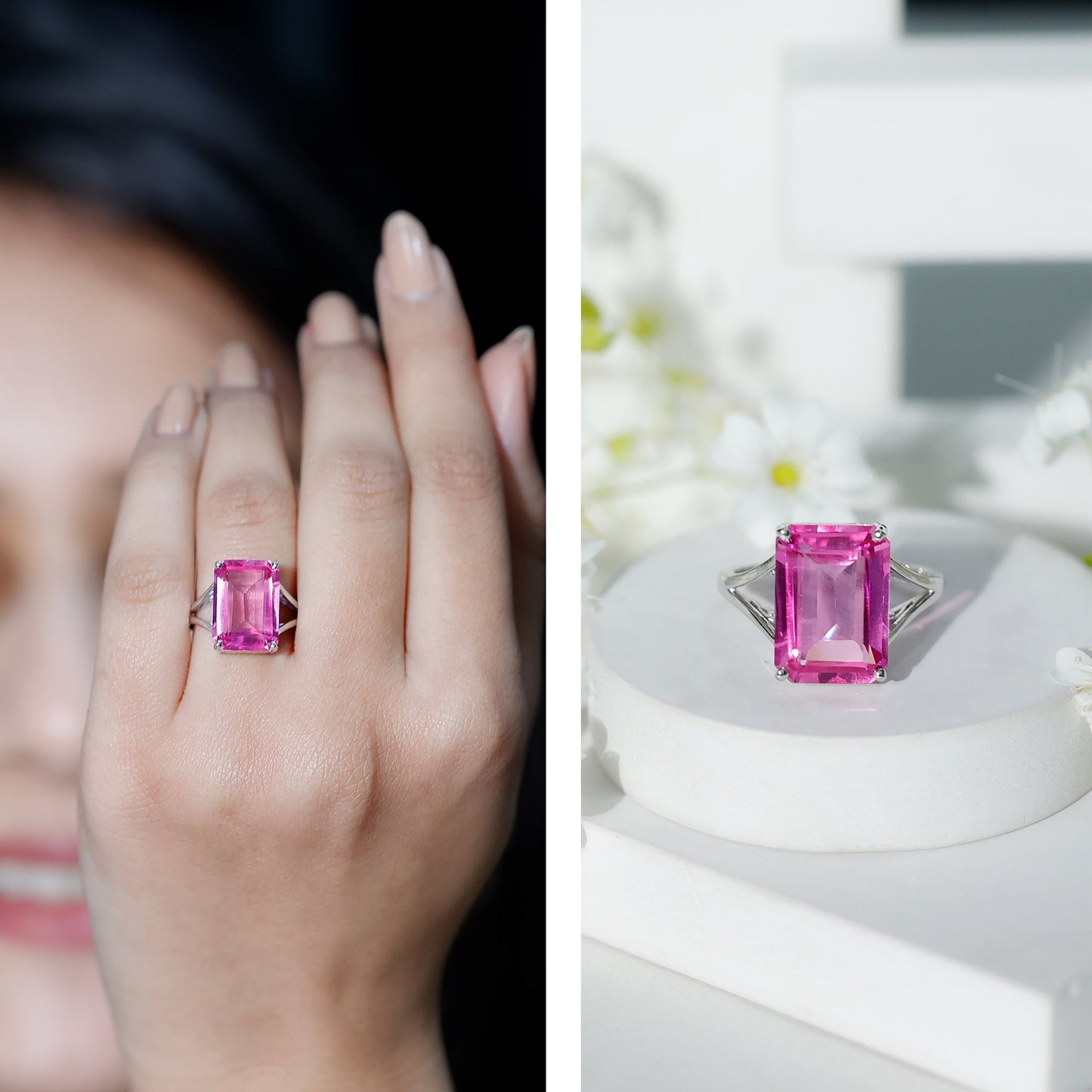 Solitaire Lab Grown Pink Sapphire Big Engagement Ring With Certificate