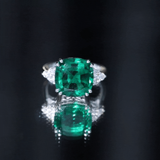 Lab Grown Emerald 9 Carat Cushion Cut Engagement Ring with Diamond Trio