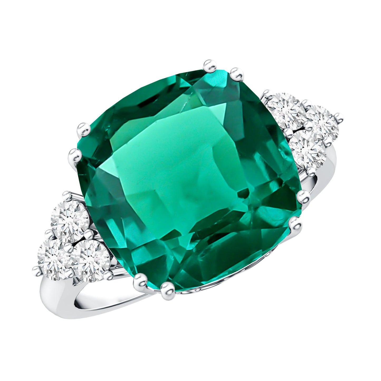 Lab Grown Emerald 9 Carat Cushion Cut Engagement Ring with Diamond Trio