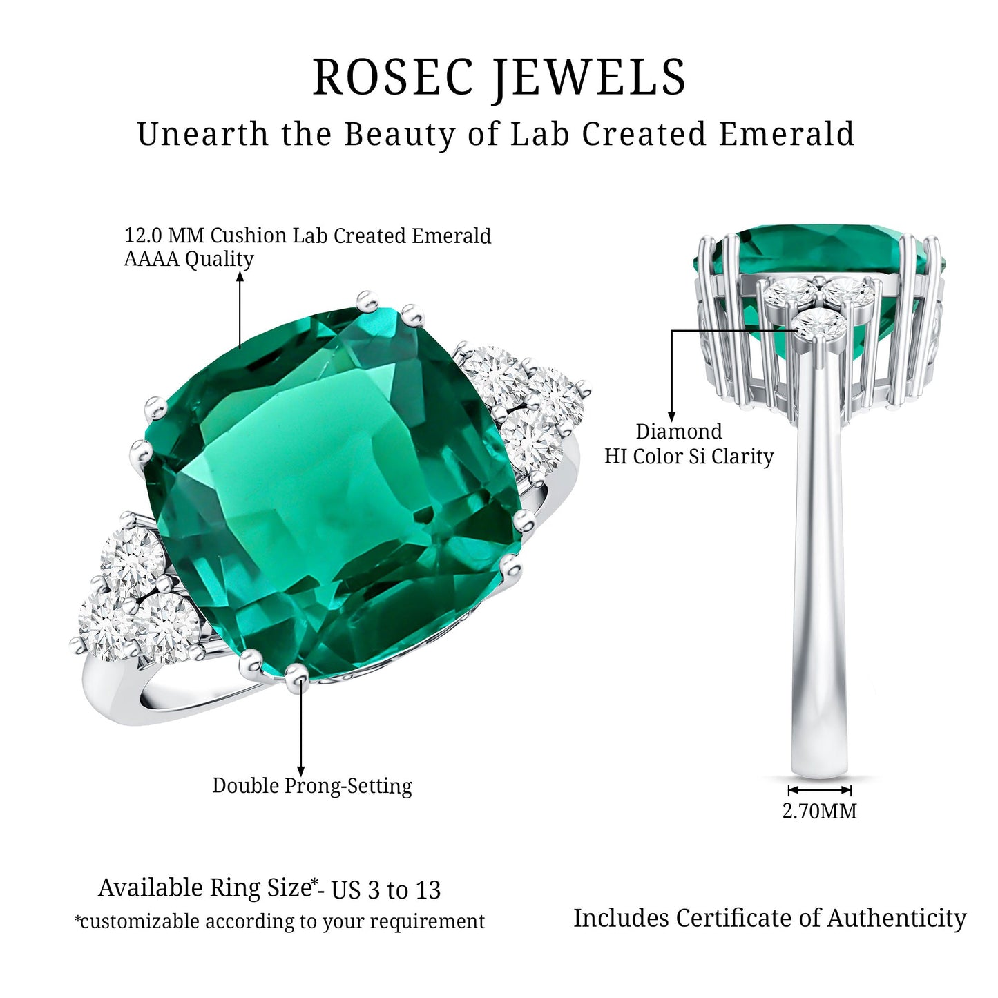 Lab Grown Emerald 9 Carat Cushion Cut Engagement Ring with Diamond Trio