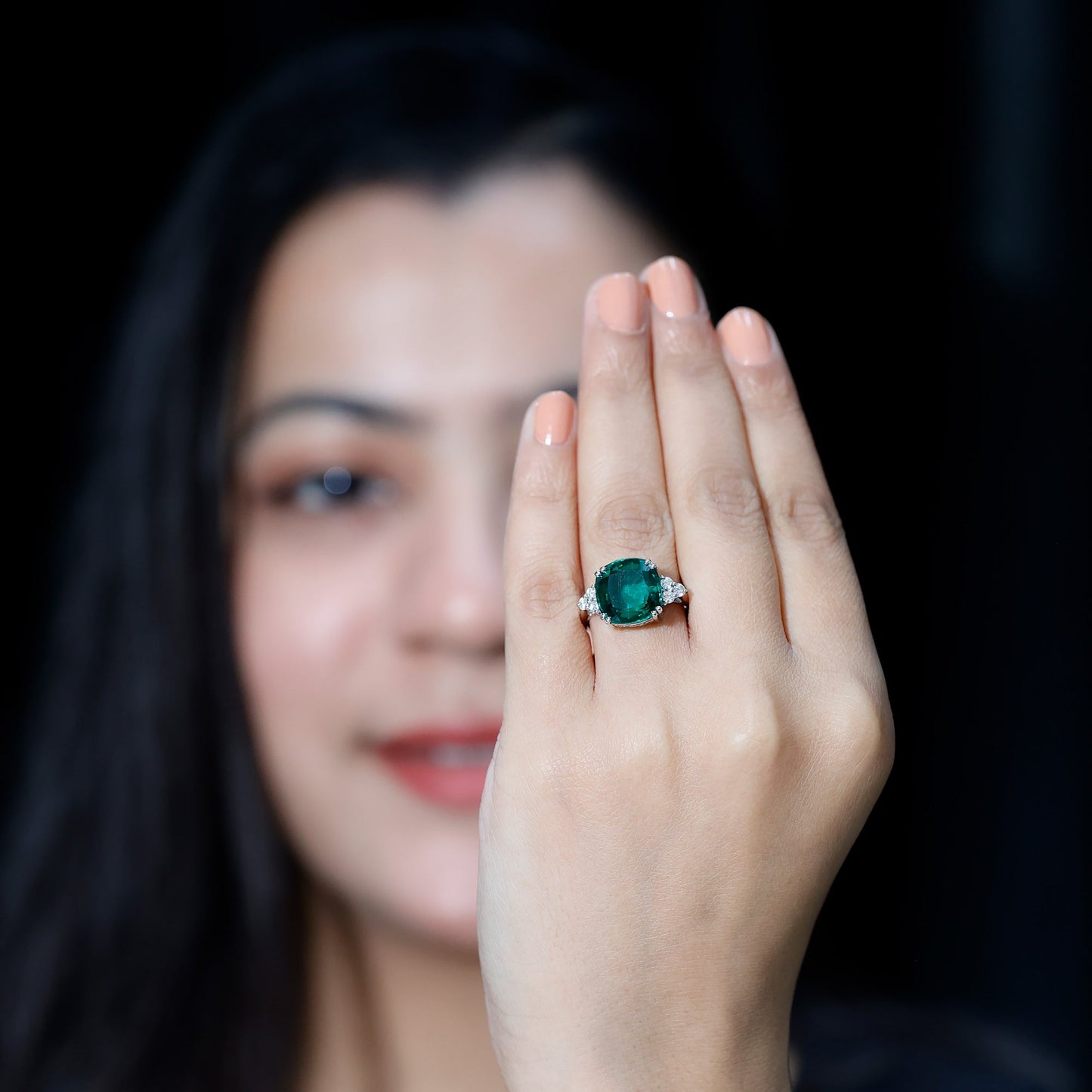 Lab Grown Emerald 9 Carat Cushion Cut Engagement Ring with Diamond Trio