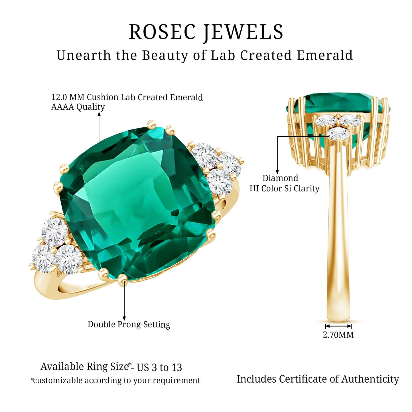 Lab Grown Emerald 9 Carat Cushion Cut Engagement Ring with Diamond Trio