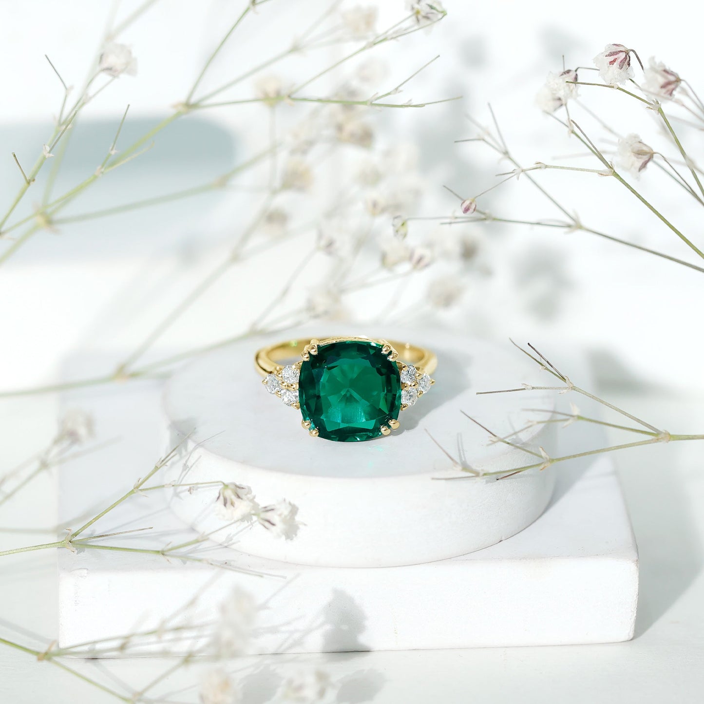 Lab Grown Emerald 9 Carat Cushion Cut Engagement Ring with Diamond Trio