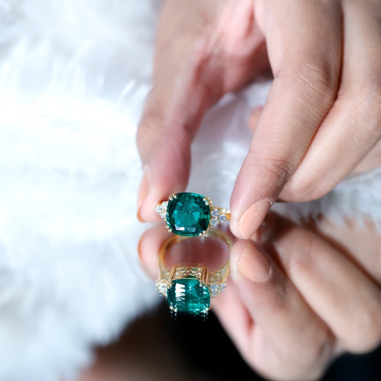 Lab Grown Emerald 9 Carat Cushion Cut Engagement Ring with Diamond Trio