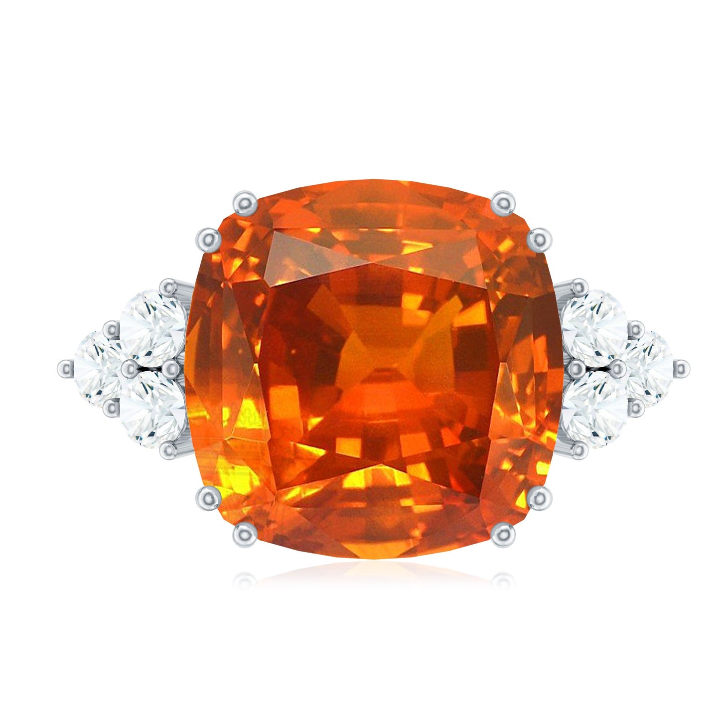 9 Carat Lab Grown Orange Sapphire Cushion Cut Engagement Ring with Diamond Trio