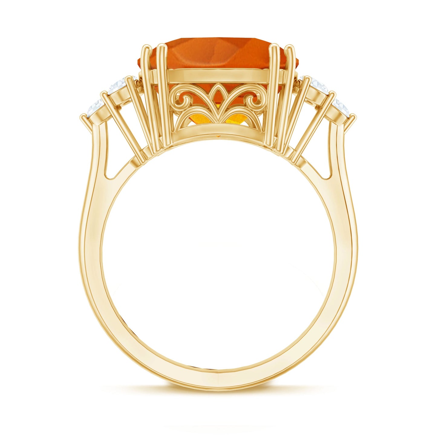 9 Carat Lab Grown Orange Sapphire Cushion Cut Engagement Ring with Diamond Trio