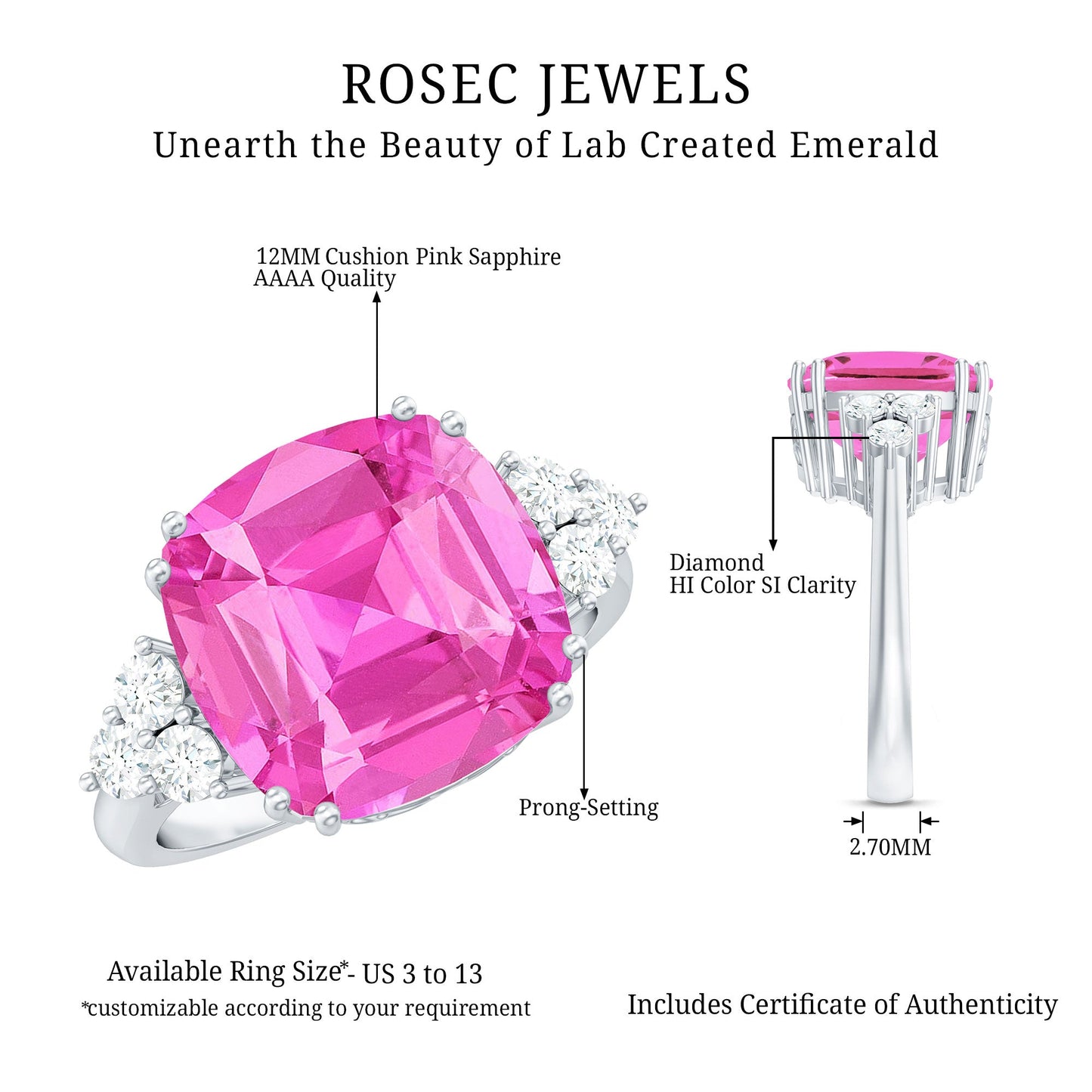 Lab Grown Pink Sapphire Solitaire Engagement Ring with Diamond Trio