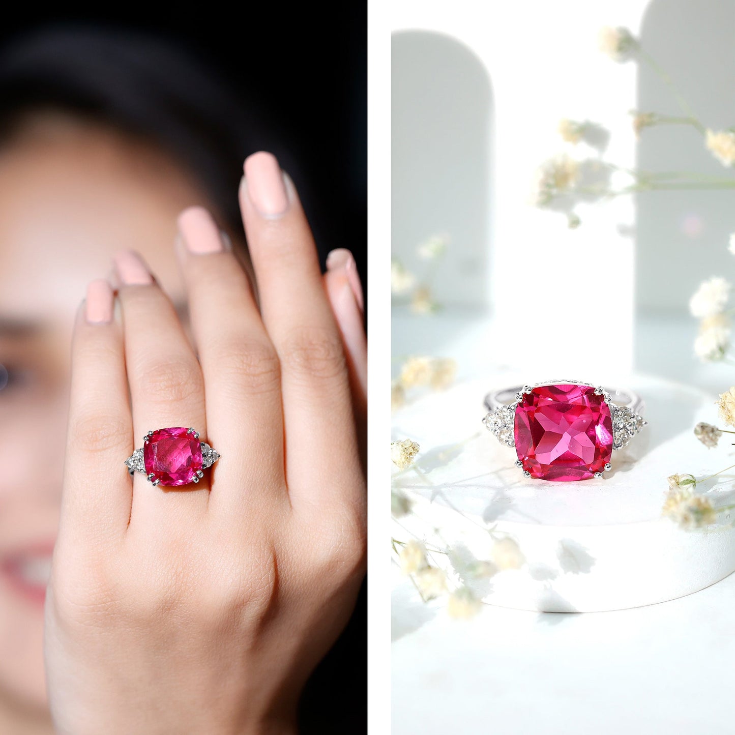 Lab Grown Pink Sapphire Solitaire Engagement Ring with Diamond Trio
