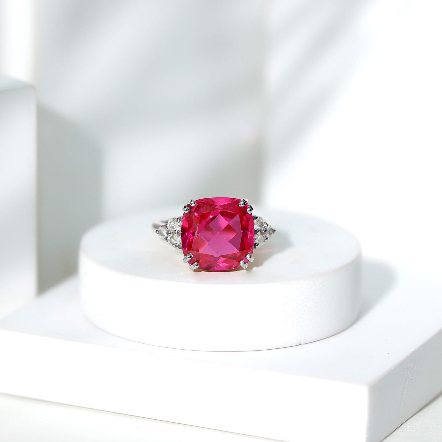 Lab Grown Pink Sapphire Solitaire Engagement Ring with Diamond Trio