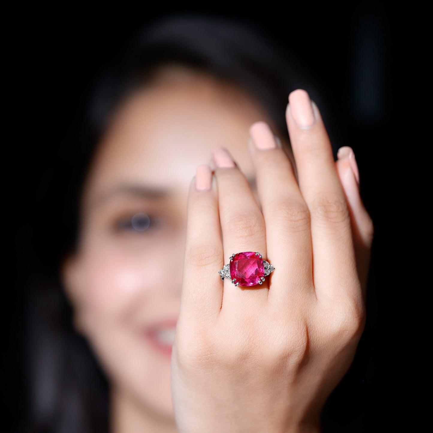 Lab Grown Pink Sapphire Solitaire Engagement Ring with Diamond Trio