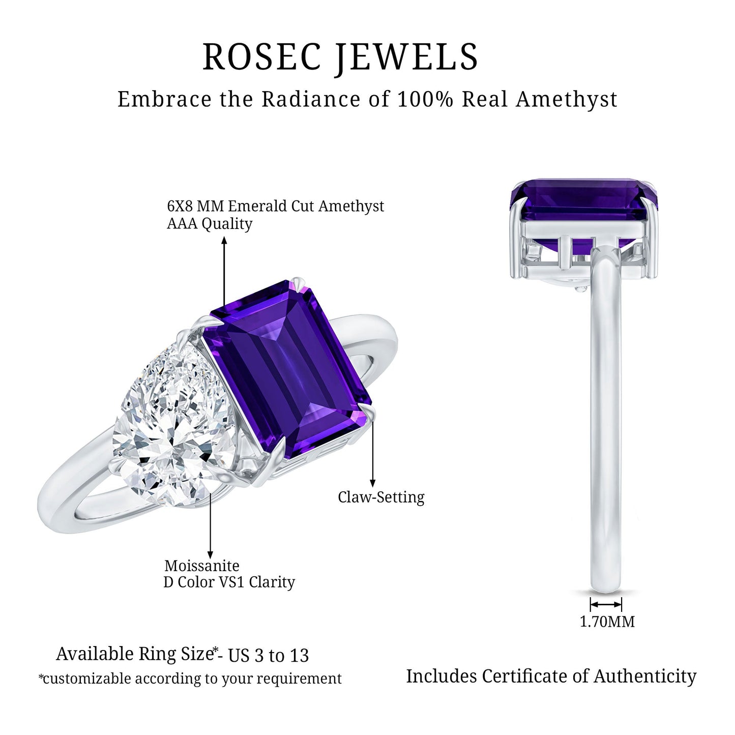 Certified Real Amethyst Toi Et Moi Engagement Ring with Moissanite