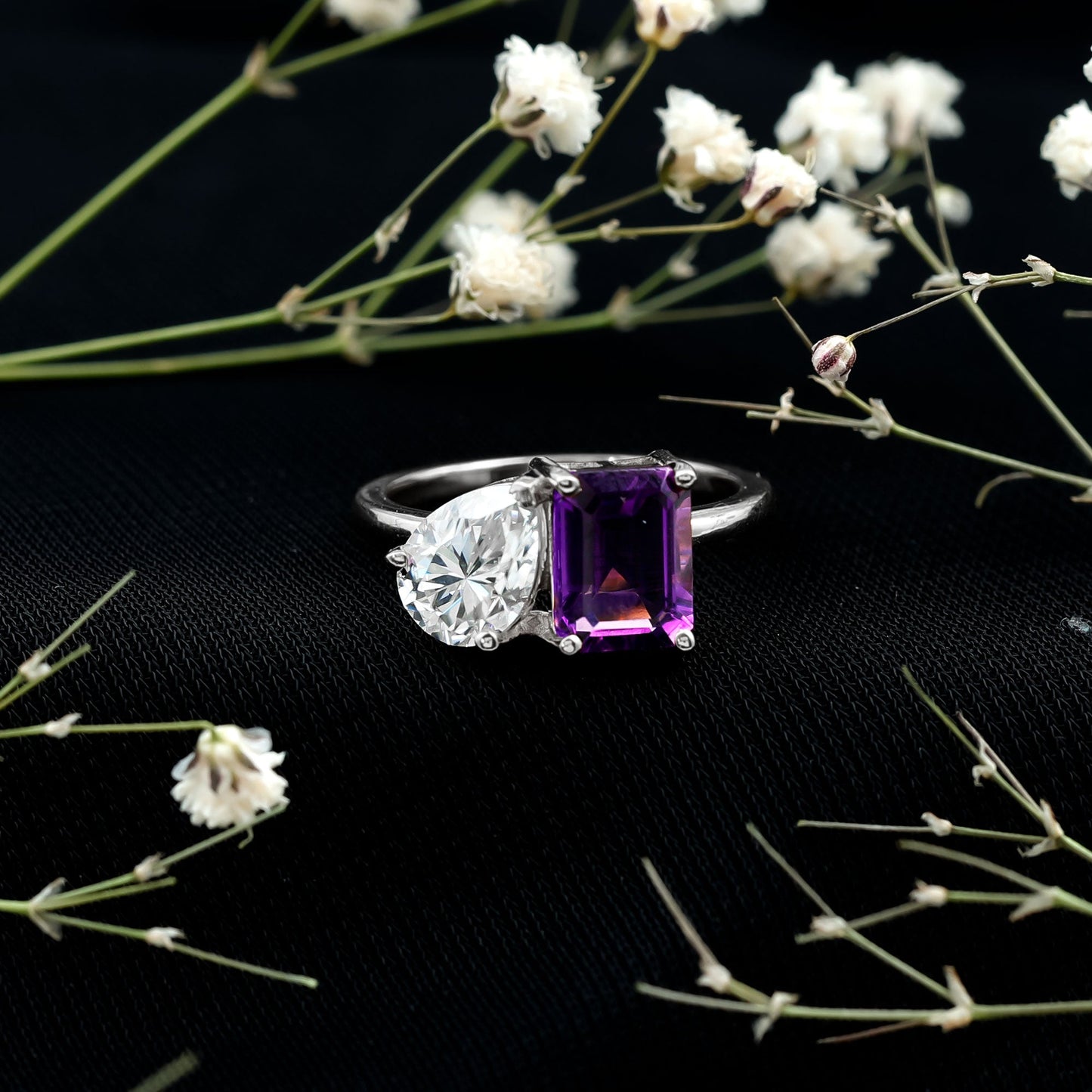 Certified Real Amethyst Toi Et Moi Engagement Ring with Moissanite