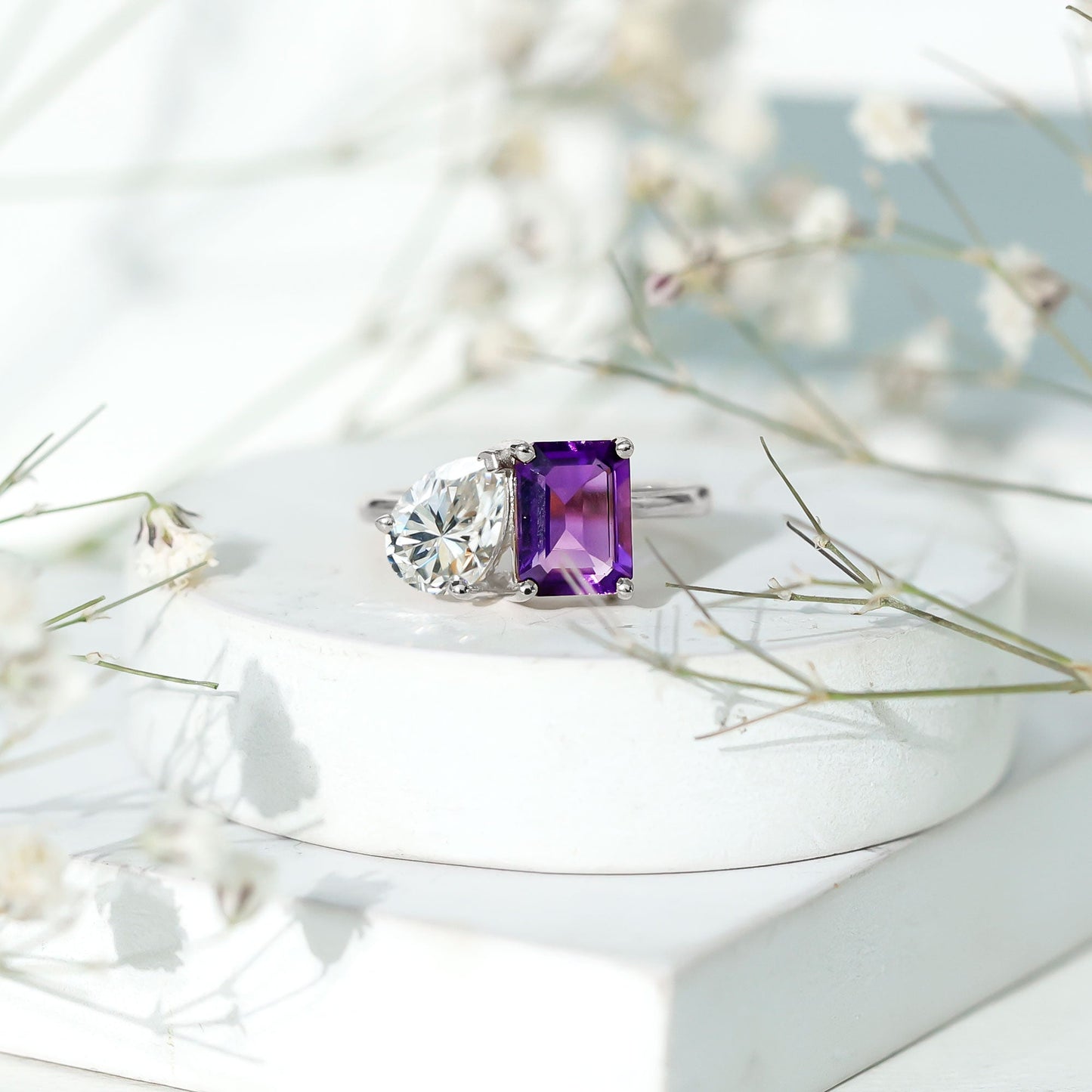 Certified Real Amethyst Toi Et Moi Engagement Ring with Moissanite