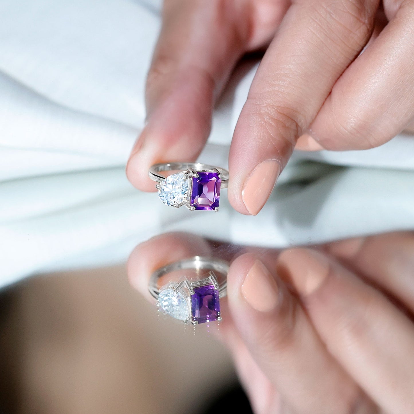 Certified Real Amethyst Toi Et Moi Engagement Ring with Moissanite