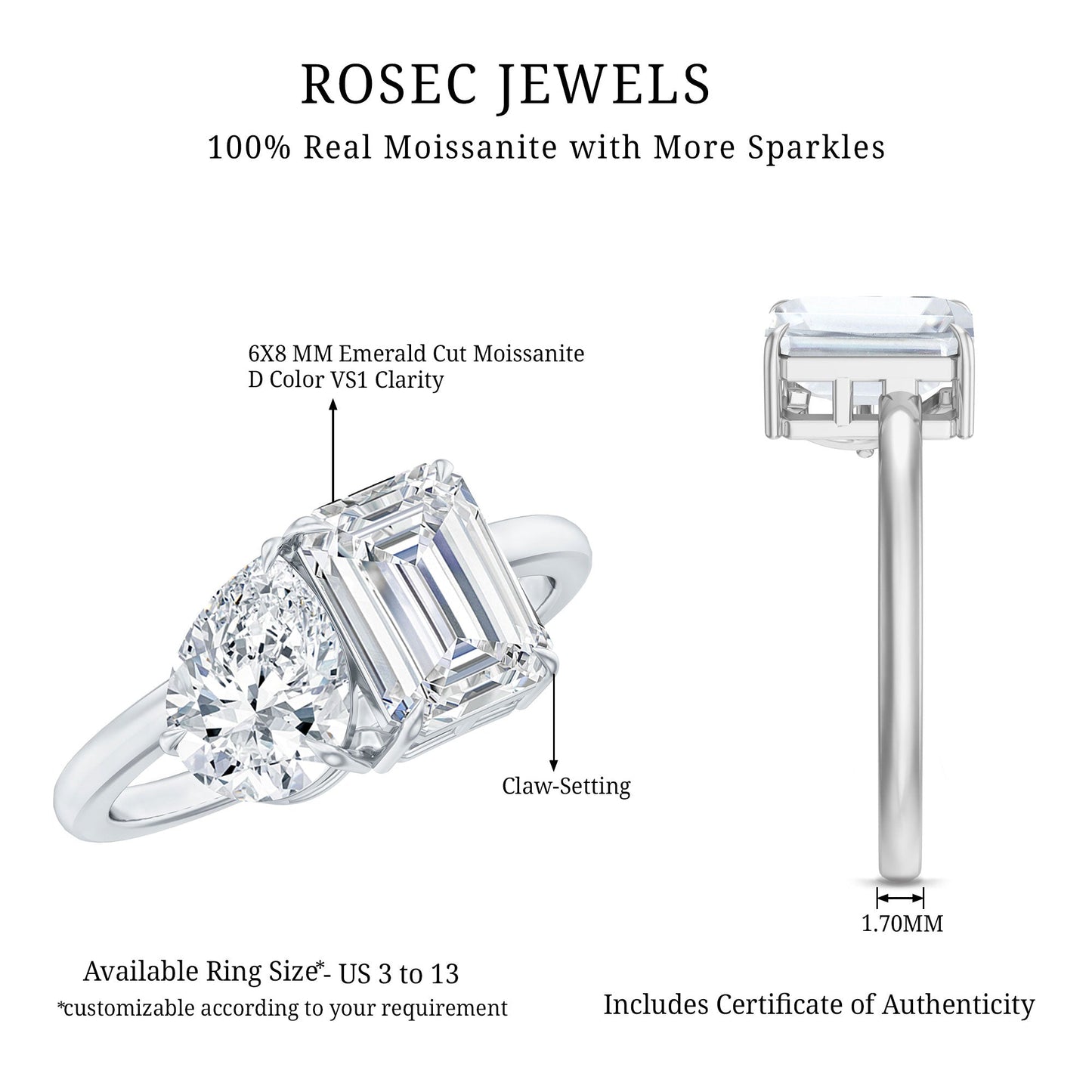 Pear and Emerald Cut Moissanite Toi Et Moi Engagement Ring