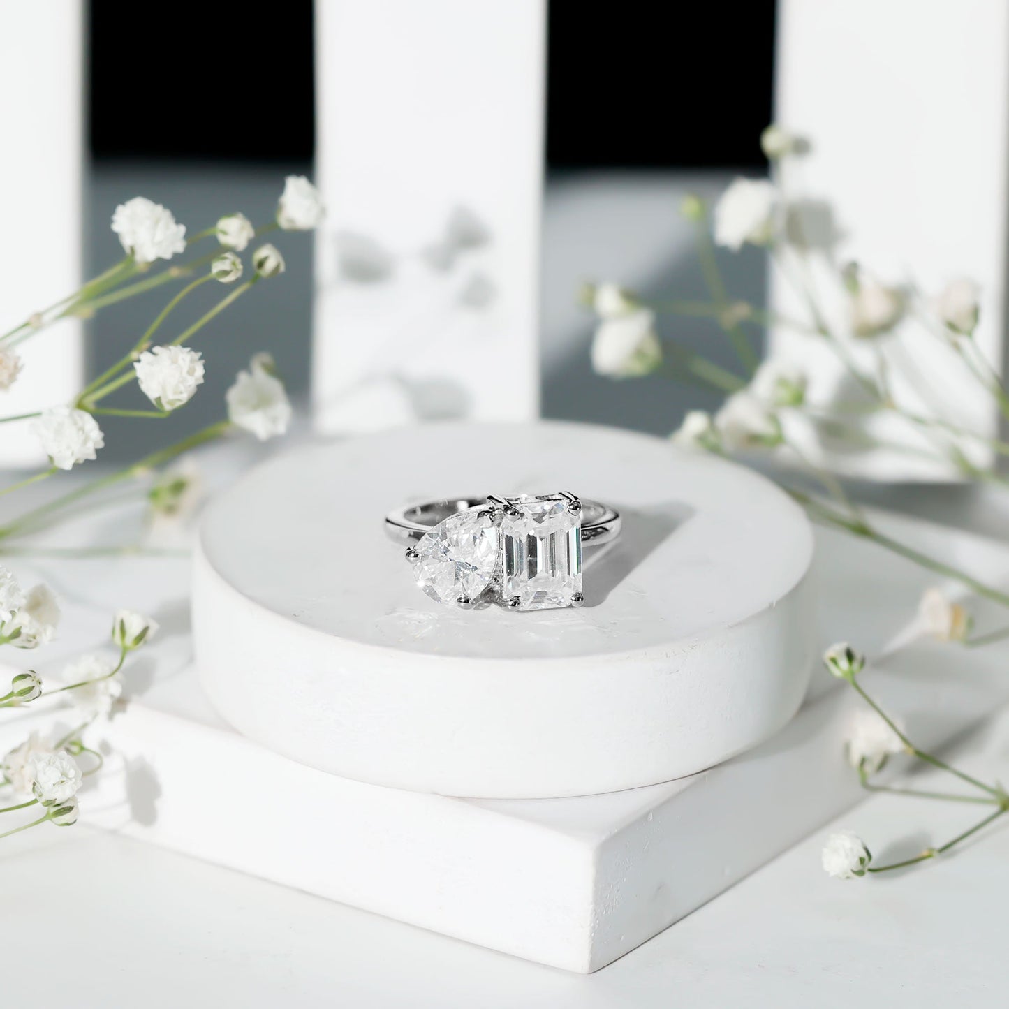 Pear and Emerald Cut Moissanite Toi Et Moi Engagement Ring