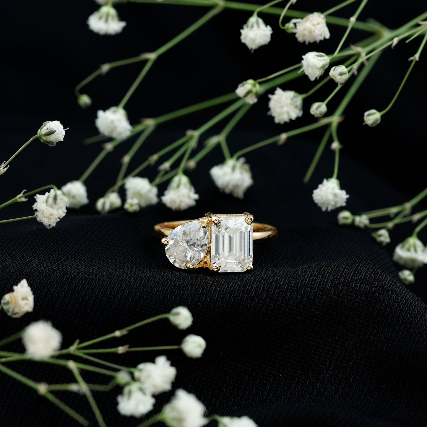 Pear and Emerald Cut Moissanite Toi Et Moi Engagement Ring