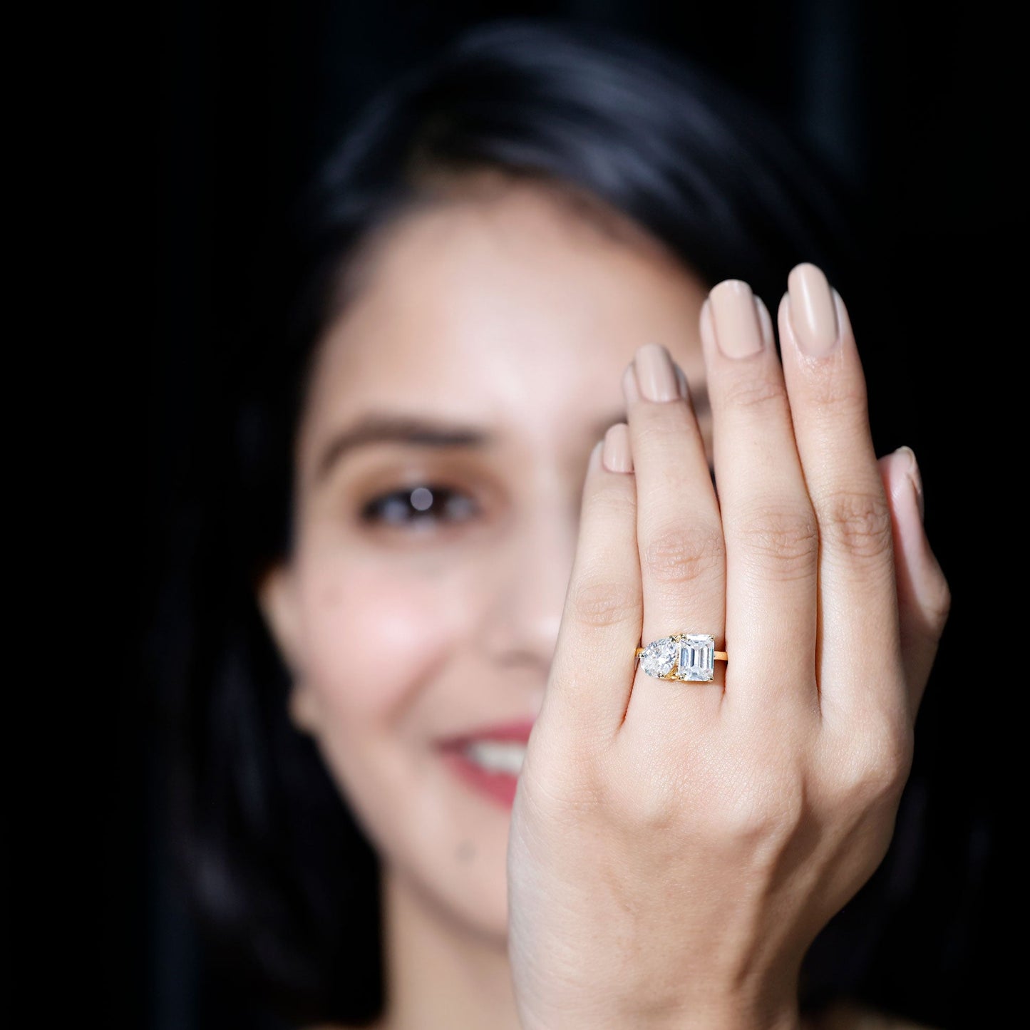 Pear and Emerald Cut Moissanite Toi Et Moi Engagement Ring
