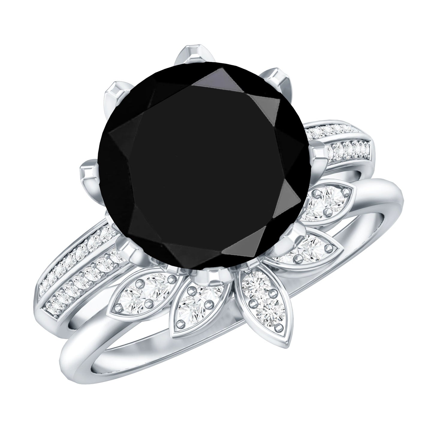Nature Inspired 4.5 Carat Lab Grown Black and White Diamond Wedding Engagement Ring Set
