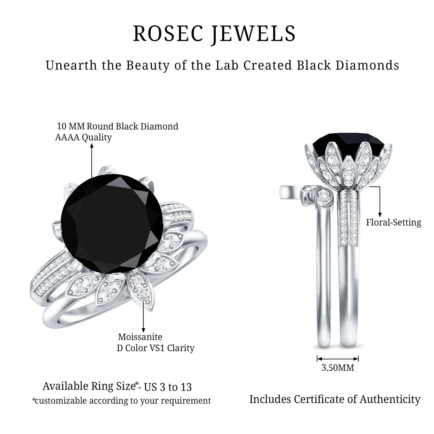 Nature Inspired 4.5 Carat Lab Grown Black and White Diamond Wedding Engagement Ring Set