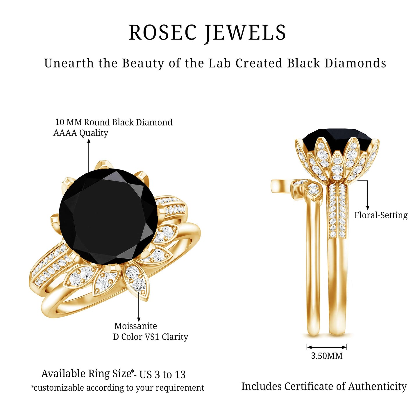 Nature Inspired 4.5 Carat Lab Grown Black and White Diamond Wedding Engagement Ring Set