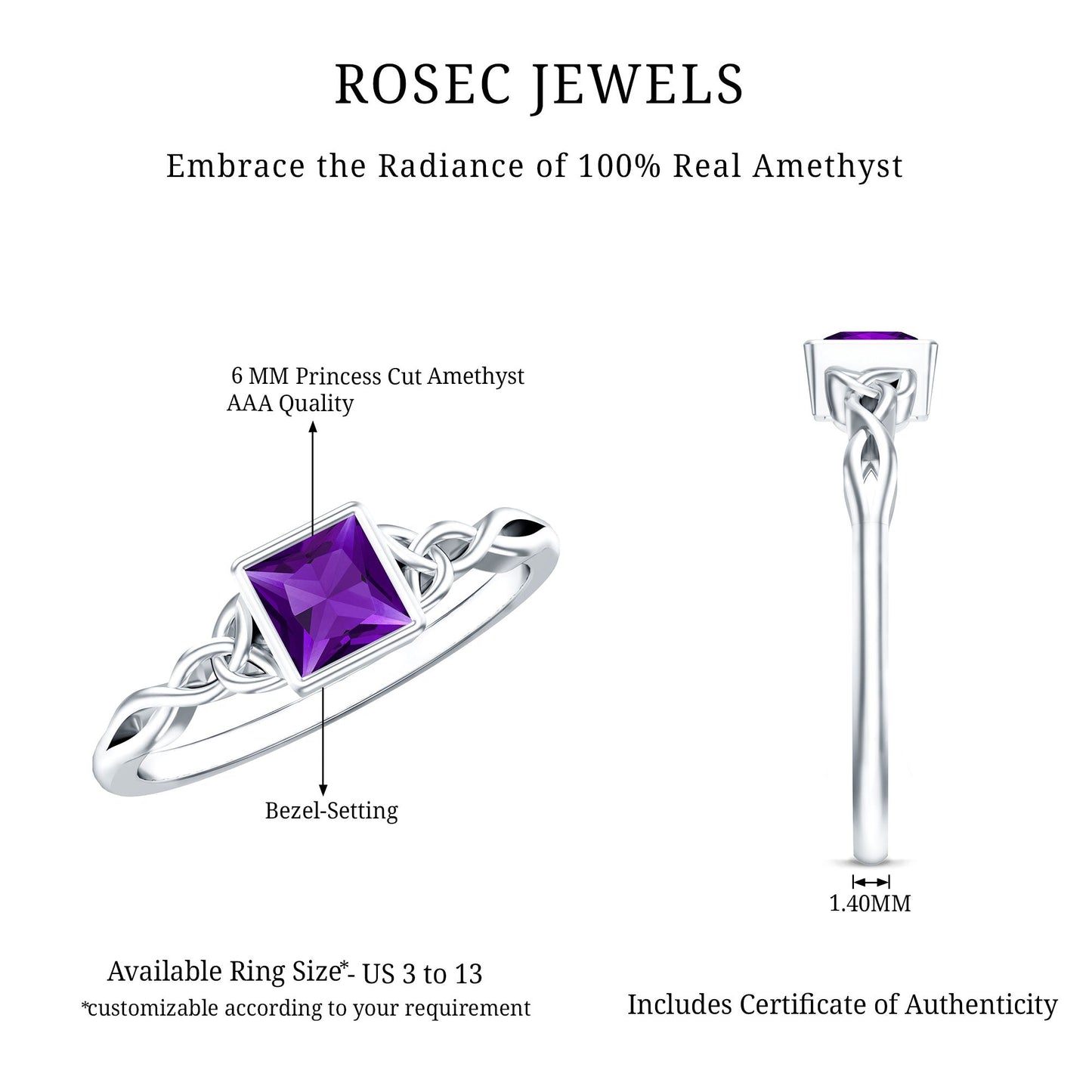 1.2 Carat Princess Cut Amethyst Promise Ring with Celtic Knot
