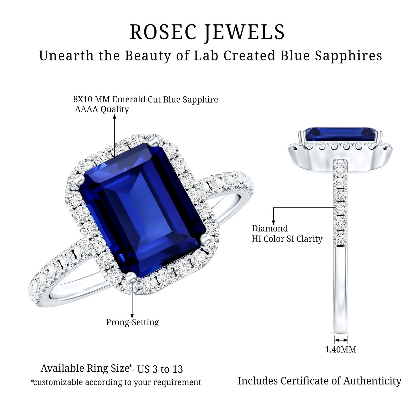 Certified 2.75 Carat Emerald Cut Lab Grown Blue Sapphire Engagement Ring with Diamond Halo