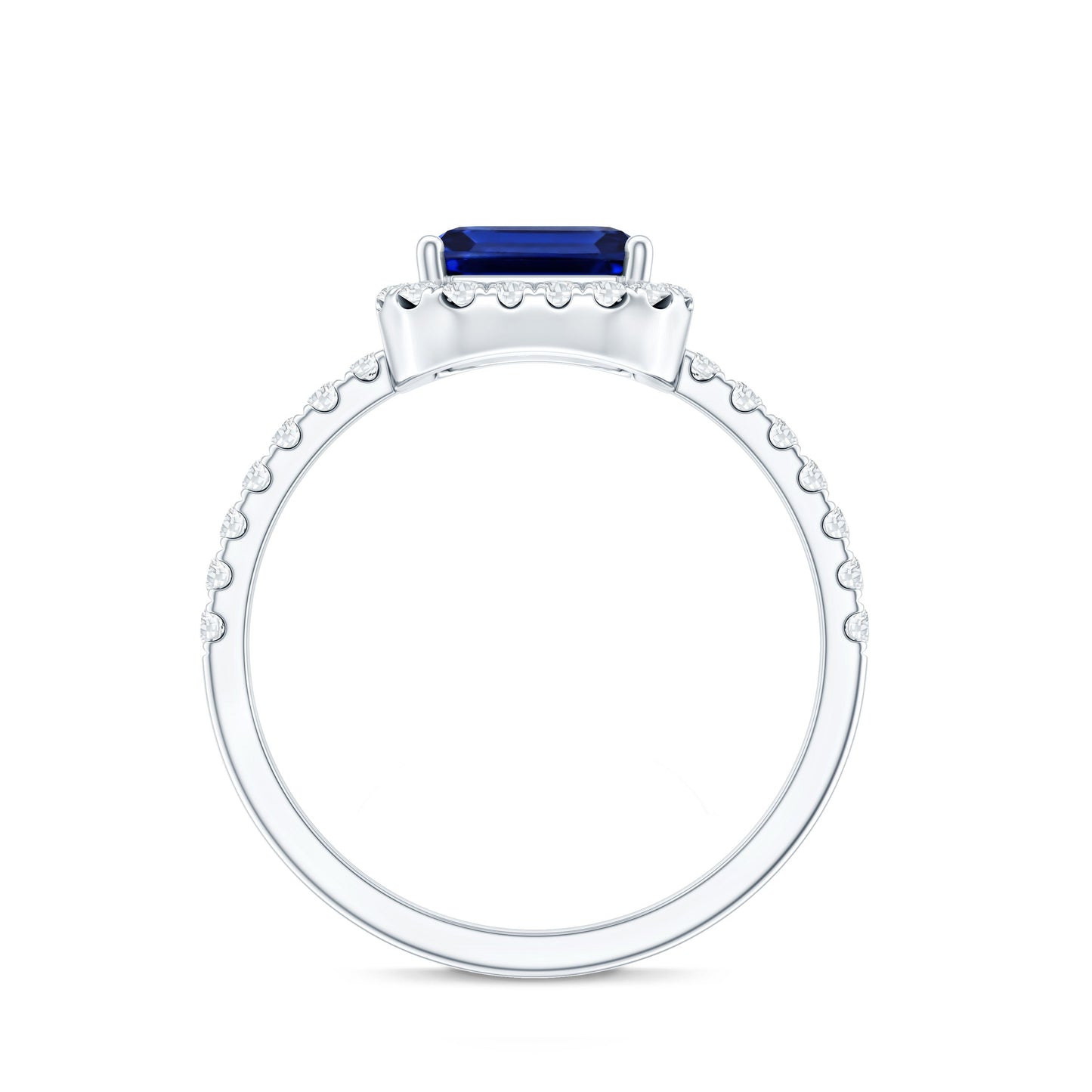 Certified 2.75 Carat Emerald Cut Lab Grown Blue Sapphire Engagement Ring with Diamond Halo
