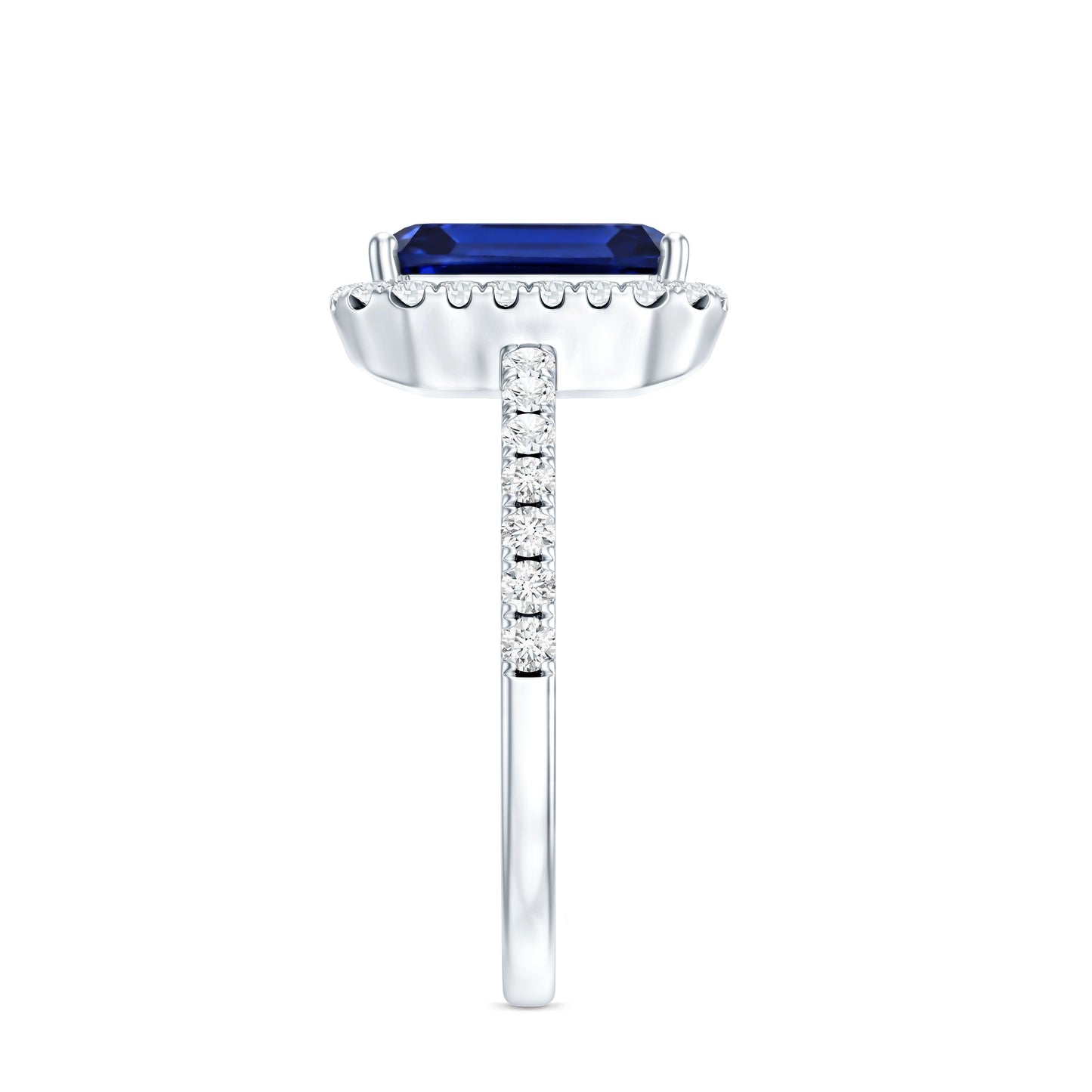 Certified 2.75 Carat Emerald Cut Lab Grown Blue Sapphire Engagement Ring with Diamond Halo