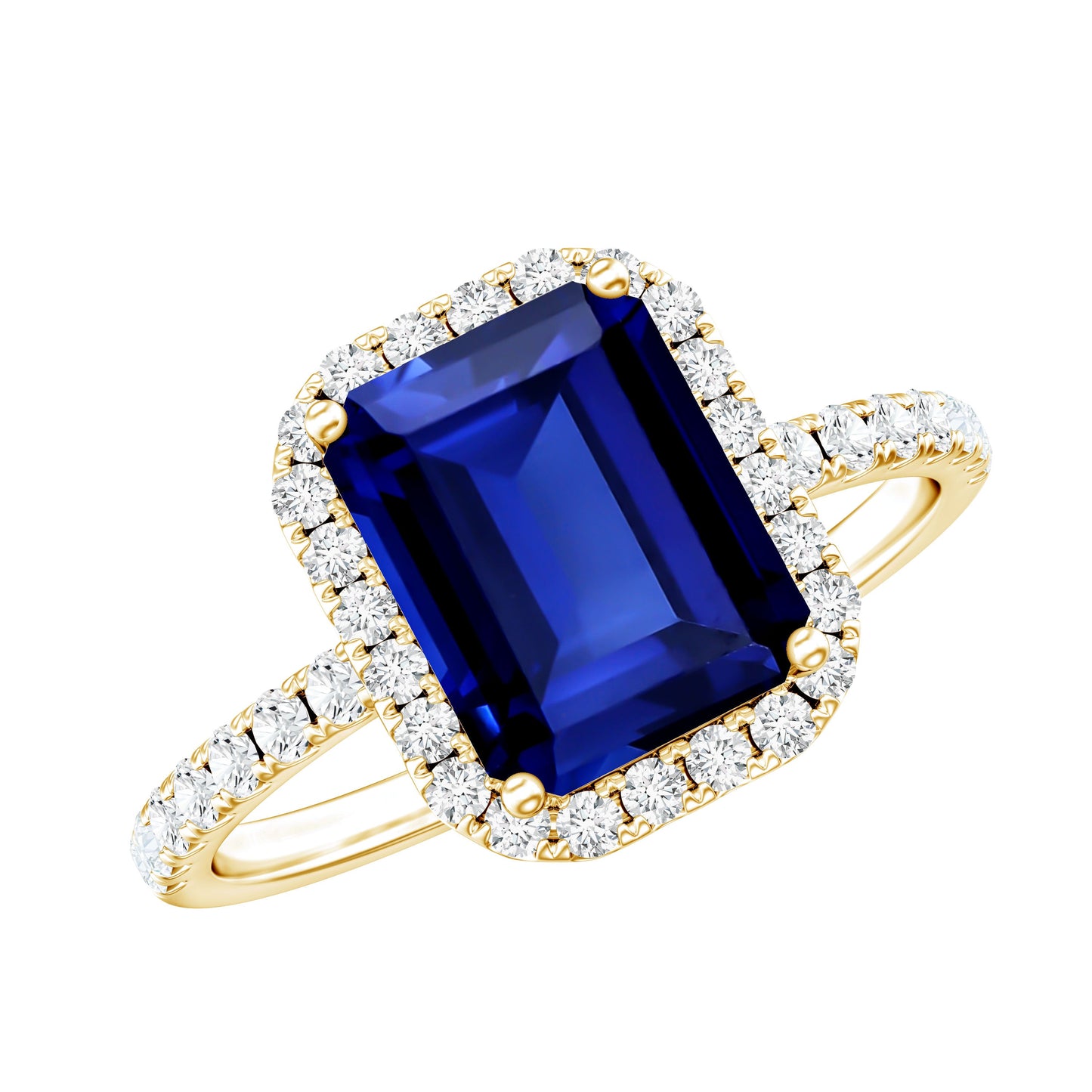 Certified 2.75 Carat Emerald Cut Lab Grown Blue Sapphire Engagement Ring with Diamond Halo