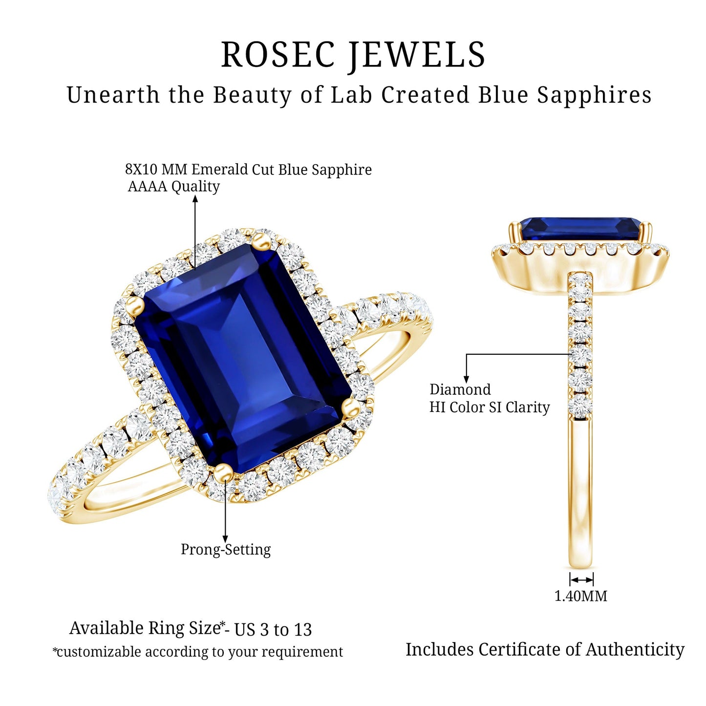 Certified 2.75 Carat Emerald Cut Lab Grown Blue Sapphire Engagement Ring with Diamond Halo
