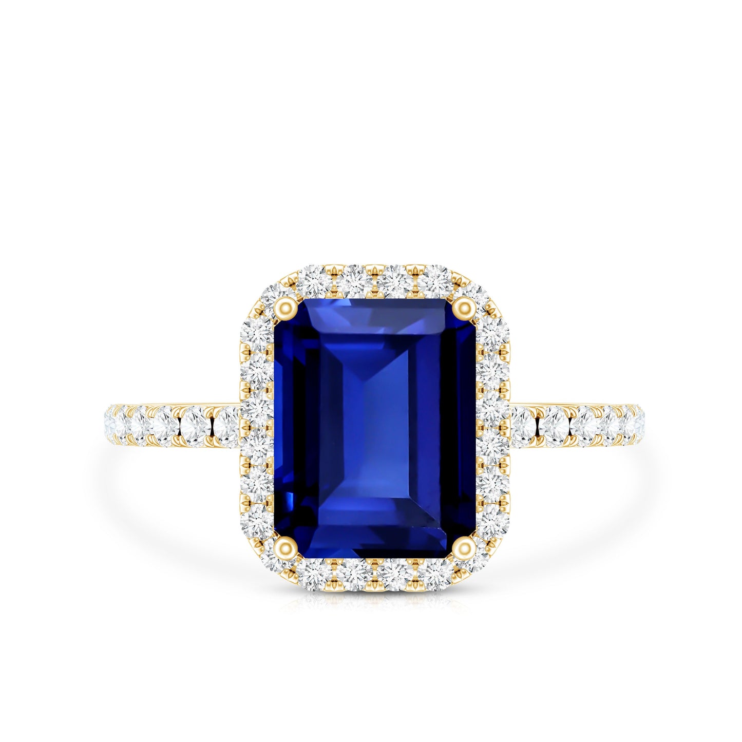 Certified 2.75 Carat Emerald Cut Lab Grown Blue Sapphire Engagement Ring with Diamond Halo