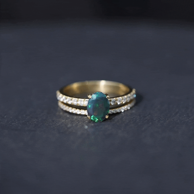 0.9 Carat Oval Cut Black Opal Wedding Ring Set With Diamond