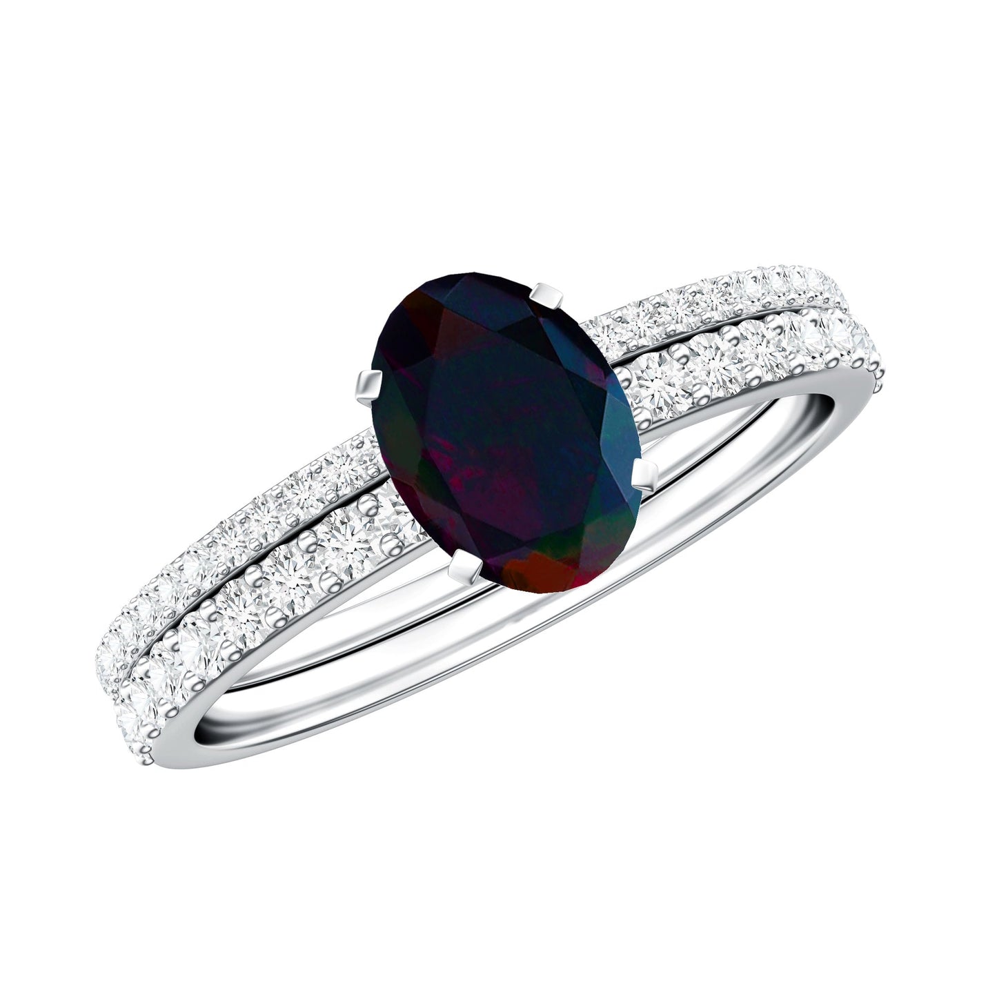 0.9 Carat Oval Cut Black Opal Wedding Ring Set With Diamond
