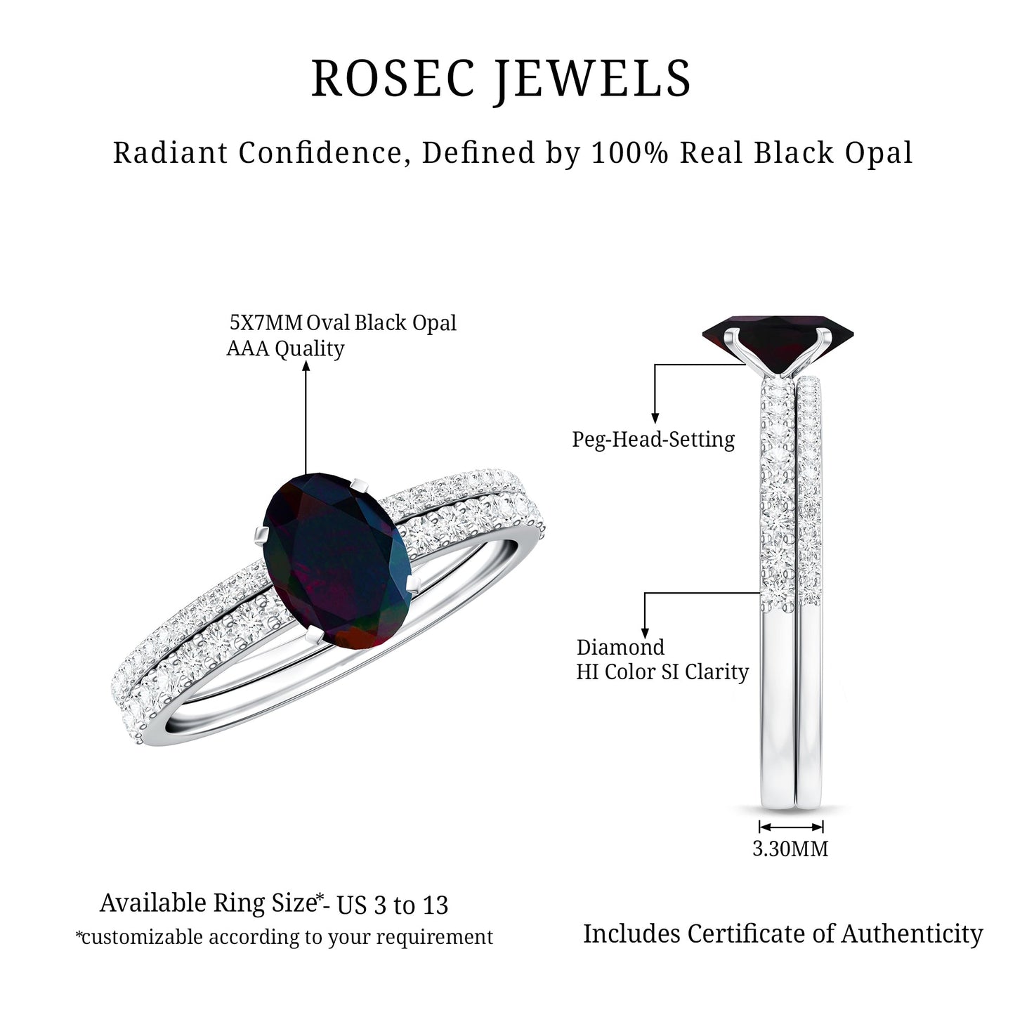 0.9 Carat Oval Cut Black Opal Wedding Ring Set With Diamond