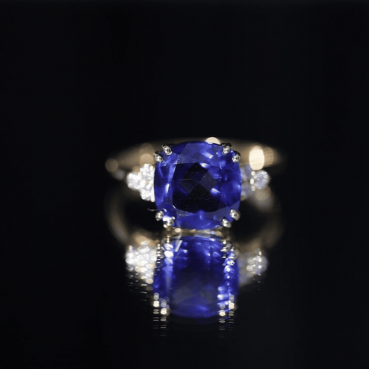 Certified 9 Carat Lab Grown Blue Sapphire Cushion Cut Engagement Ring with Diamond Trio