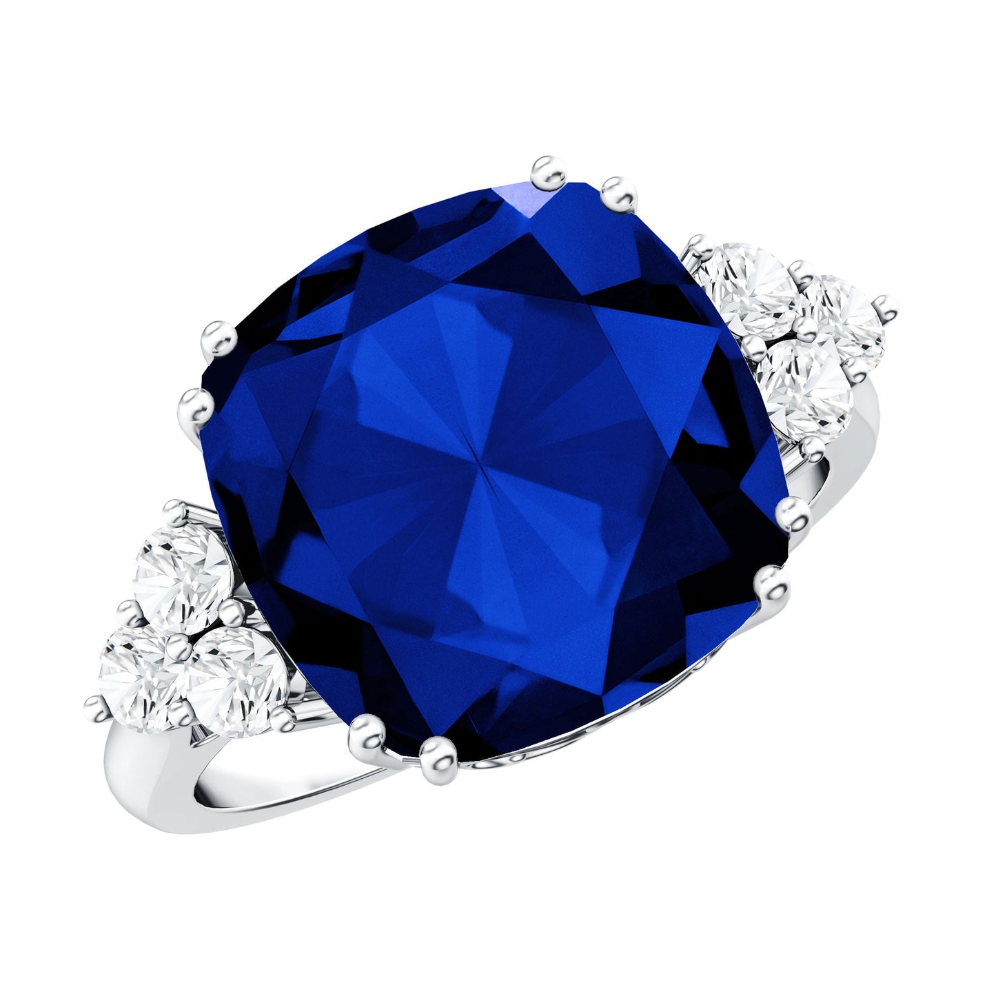 Certified 9 Carat Lab Grown Blue Sapphire Cushion Cut Engagement Ring with Diamond Trio